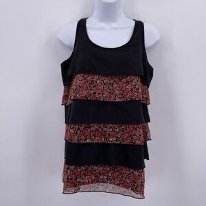 Kylee Sz S Tank Top Black Floral Tiered Sleeveless Racerback Exposed Back Zipper